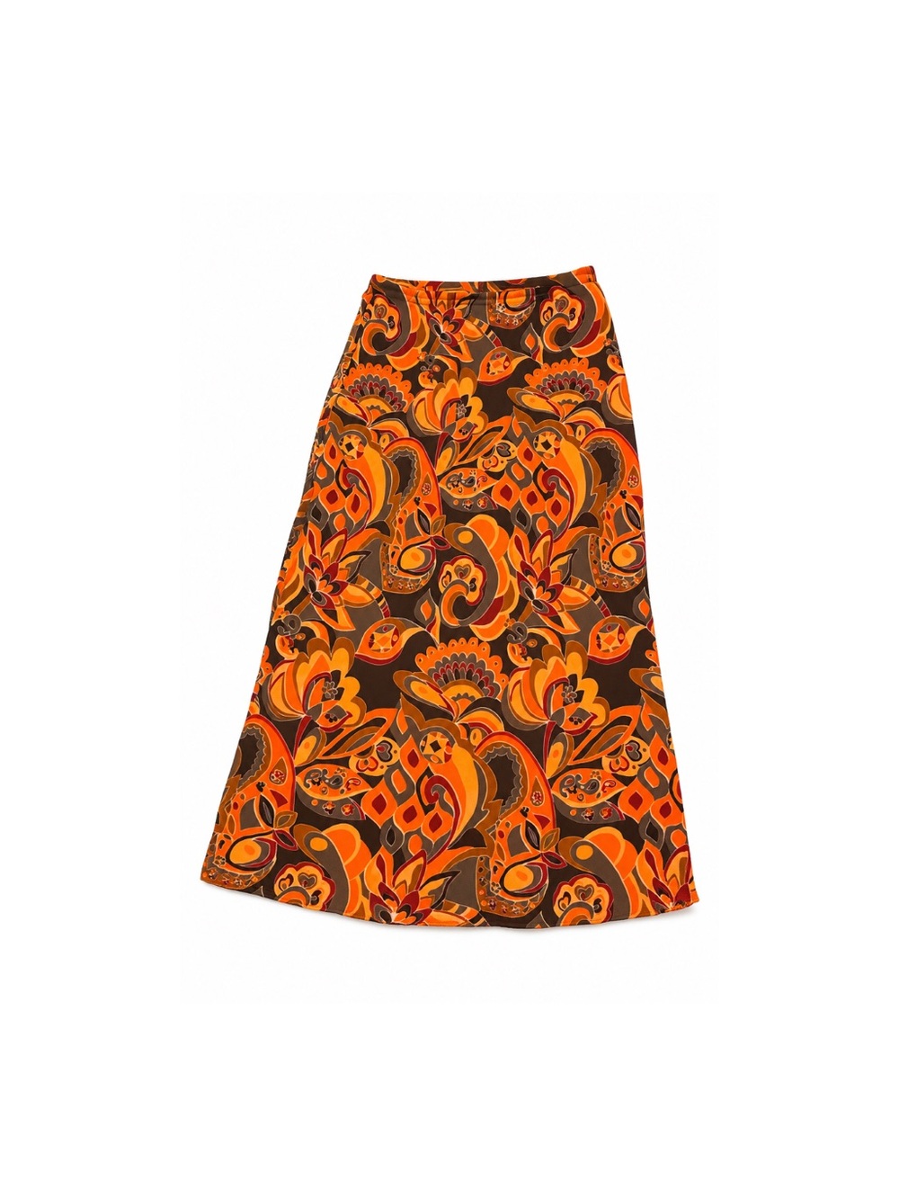 80s style vintage Suzy Shier Orange and Brown Retro Paisley A-Line Skirt